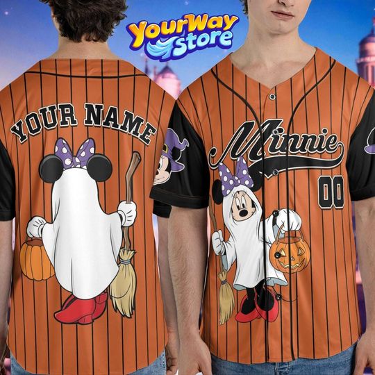Custom Minnie Ghost Halloween Baseball Jersey, Personalized Disney Shirt, Spooky Outfit for Kids & Adults
