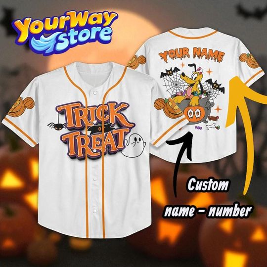 Trick or Treat Disney Halloween Jersey  Custom Name Number Shirt, Pumpkin Ghost Disney Family Matching Outfit