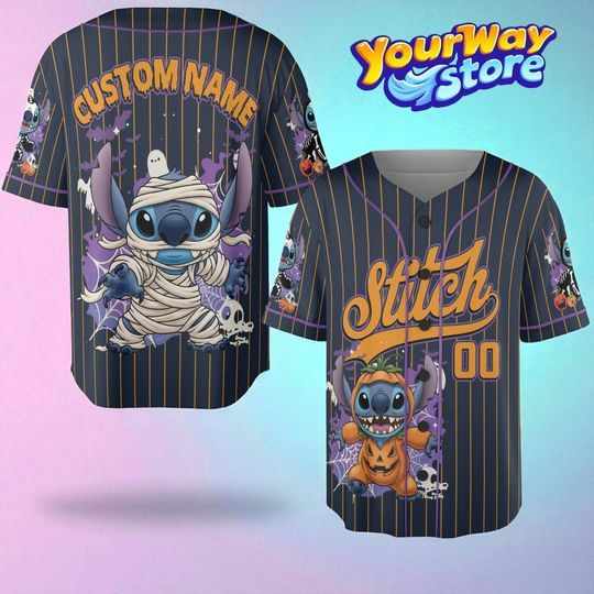 Stitch Pinstripe Halloween Jersey, Custom Disney Baseball Shirt, Personalized Spooky Outfit