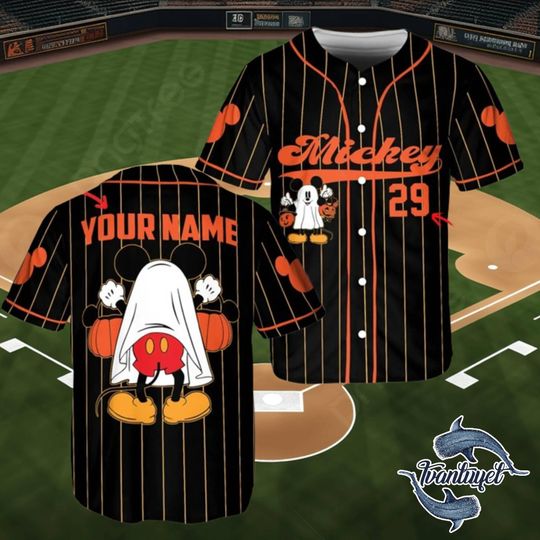 Discover Disney Mickey Halloween Baseball Jersey, Custom Name Number Shirt, Spooky Ghost Costume Outfit for Adults & Kids