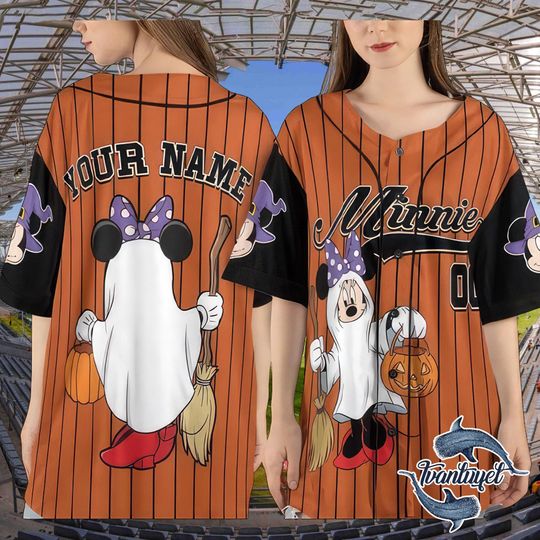 Custom Minnie Halloween Baseball Jersey  Personalized Ghost Disney Shirt with Name & Number, Spooky Trick or Treat Outfit
