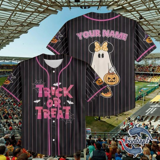 Custom Halloween Baseball Jersey  Trick or Treat Disney Ghost Minnie Mickey Shirt, Personalized Name Spooky Outfit