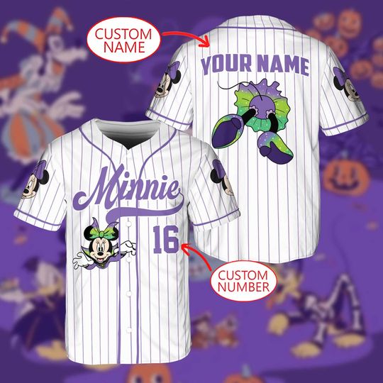 Discover Minnie Halloween Baseball Jersey Shirt, Spooky Minnie Mouse Shirt, Custom Name Number Jersey, Matching Family Minnie Halloween Shirt