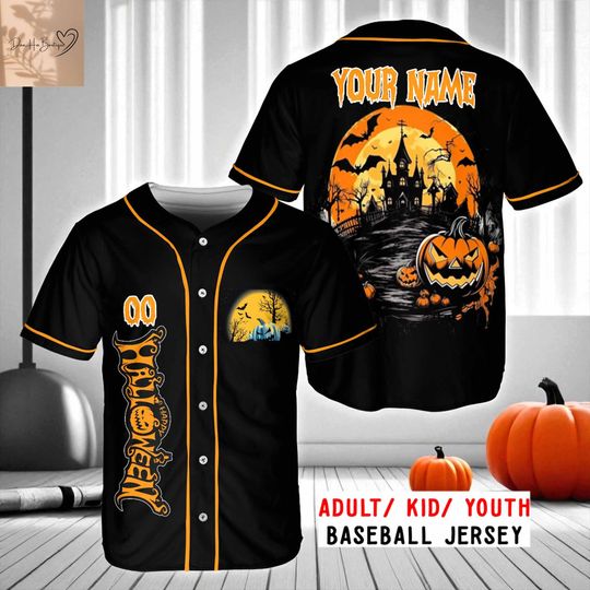 Discover Custom Halloween Baseball Jersey, Personalized Pumpkin Castle Shirt, Spooky Haunted House Jersey, Kids Adult Outfit