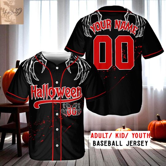 Discover Skeleton Hand Halloween Baseball Jersey, Custom Name Number Bloody Red Black Jersey, Spooky Horror Costume Shirt,Halloween Jersey Shirt