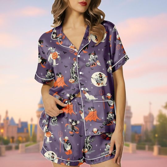 Discover Halloween Mickey And Friends Short Satin Pajamas, Disneyland Pajamas Set, Mickey Mouse Pajamas Women, Mickey Pluto Skeleton Pajamas