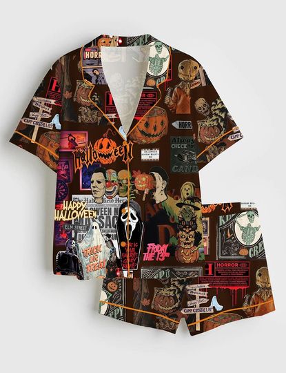 Womens Retro Horror Movie Halloween Enjoyer Thri/ller Retro Ghost Pumpkin Short Sleeve Pajama Set, Pajama Nighwear Set for Her