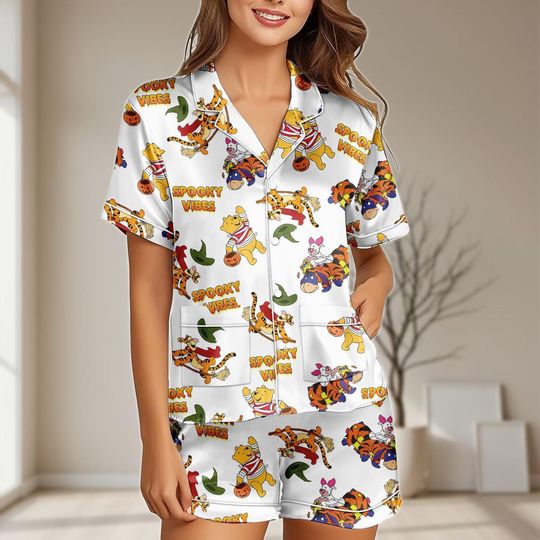 Discover Winnie Pooh Halloween Satin Pajamas Set, Pooh Tigger Piglet Women Pajamas, Disney Spooky Pjs, Cute Cartoon Sleepwear, Halloween Gift