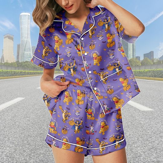 Discover Pooh Halloween Short Satin Pajamas, Winnie The Pooh Short Sleeve Pajamas, Pooh Pumpkin Pajamas Family, Disneyland Trip Pajamas