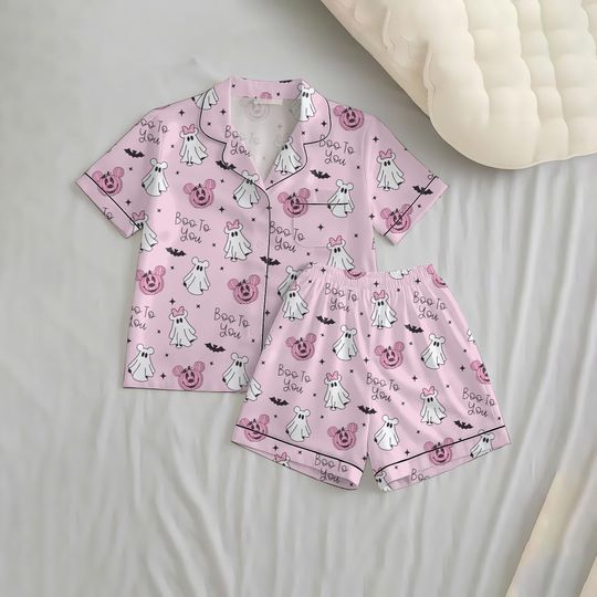 Discover Halloween Mk Mn Ghost And Pumpkin Mouse Short Pajamas Set, Boo To You Pjs, WDW Cartoon Sleepwear, Mk Mn Mouse Homewear, Pink Nightwear