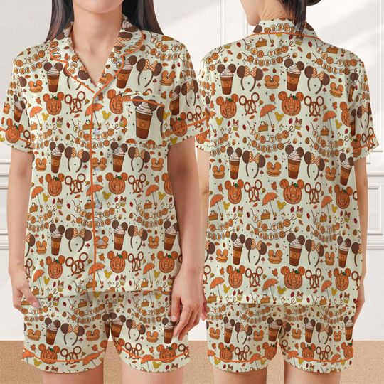 Minnie Bow Coffee Pajama Set, Disney Pumpkin Fall Sleepwear, Mickey Foodie Hawaiian Loungewear Set, Halloween Disney Snacks Button Pajamas