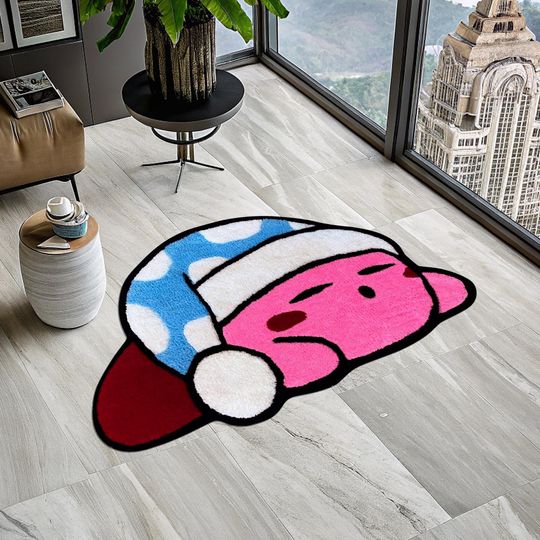 Sleeping Kirby Shaped Rug, Cute Pink Kids Room Floor Mat, Video Game Character Rug, Gift for Daughter