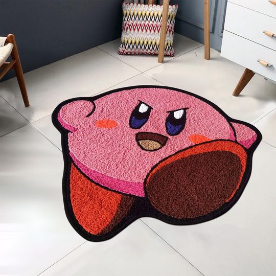 Kirby Rug, Cute Video Game Character Area Rug for Kids Room, Pink Shaped Rug for Home Decor