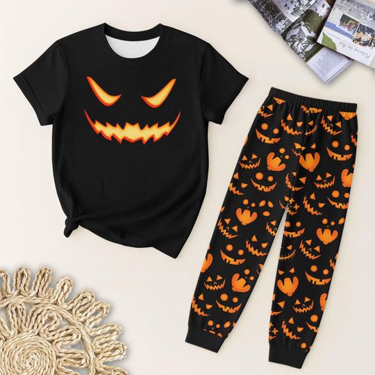 Scary Pumpkin Face Pajamas Set, Spooky Jack O Lantern, Halloween Sleepwear, Pjs For Holiday, Halloween Costume