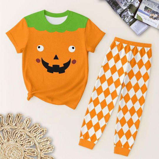 Cute Pumpkin Face Pajamas Set, Halloween Shirt, Funny Jack O Lantern Sleepwear, Spooky Season Gift, Cozy Autumn Sleepwear