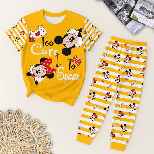 Cartoon Mouse Halloween Pajamas Set, Too Cute To Spook Striped Sleepwear, WDW Couple Pjs, Cozy Fall Loungewear For Women Kids