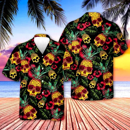 Pineapple Skull Hawaiian Shirt Men’s Summer Beach Shirt