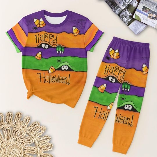 Discover Happy Halloween Candy Corn Pajamas Set, Cute Monster Eyes Sleepwear, Fall Season Shirt, Spooky Season Outfit