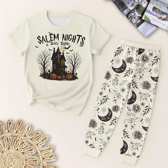 Discover Salem Nights Halloween Pajama Set, Haunted House Shirt, Witchy Vibe Sleepwear For Kids Adults, Spooky Season Loungewear, Gift for Halloween