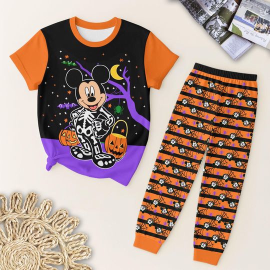 MK Skeleton Halloween Pajamas Set, Cute Cartoon Sleepwear, Spooky Season Gift, Autumn Festival Outfit, Halloween Gift