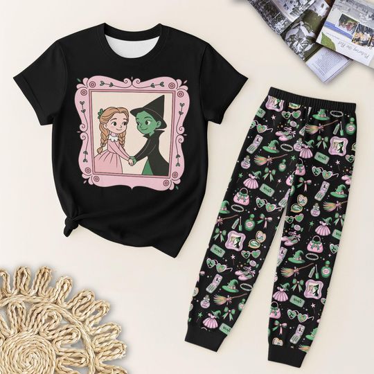 Witchy Best Friends Pajamas Set, Cute Wizard Sleepwear, Witch Musical Movie T Shirt And Pants, Spooky Season Nightwear