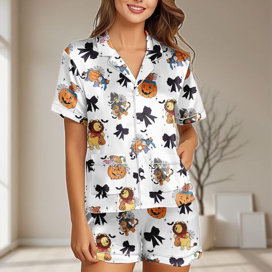 Halloween Pooh Coquette Bow  Pajamas Set, Disney Pooh Pumpkin Women Pajamas, Trick or Treat Holiday Pajamas, Spooky 2025 Sleepwear