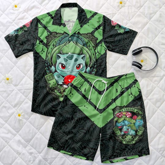 Bulbasaur Hawaiian Shirt, Green Summer Short, Grass Style Summer Outfit