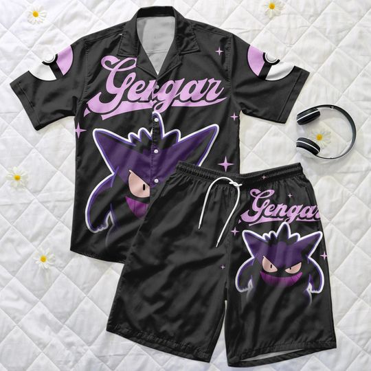 Gengar Hawaiian Shirt,Tropical Hawaii Set, Cute Anime Summer Outfit