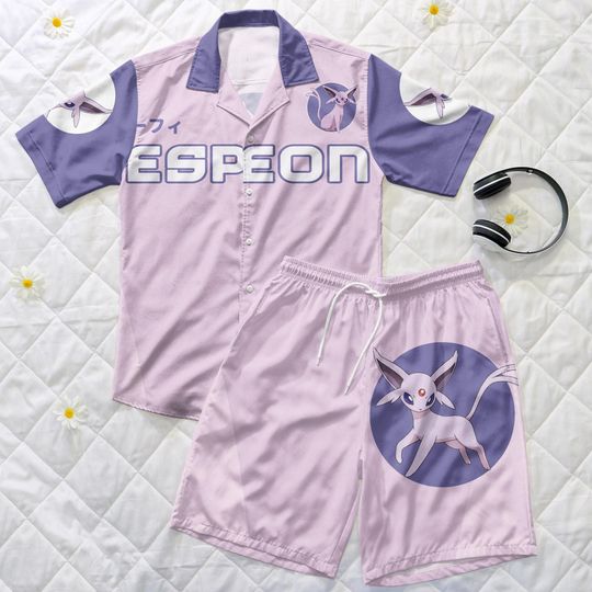 Espeon Hawaiian Shirt, Summer Beach Shorts, Cute Psychic Type Matching Outfit