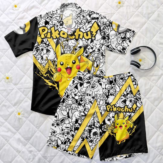 Pika Hawaiian Shirt, Yellow Summer Short Set, Electric Style Summer Outfit