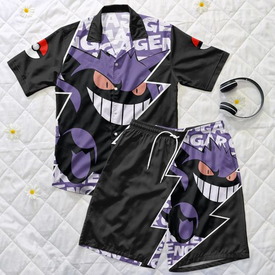 Gengar Hawaiian Shirt, Ghost Hawaii Set, Cute Anime Summer Outfit