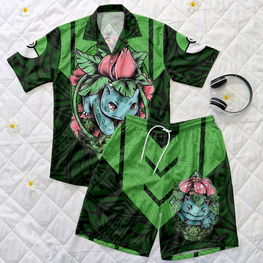 Bulbasaur Hawaiian Shirt, Green Summer Short, Grass Style Summer Outfit