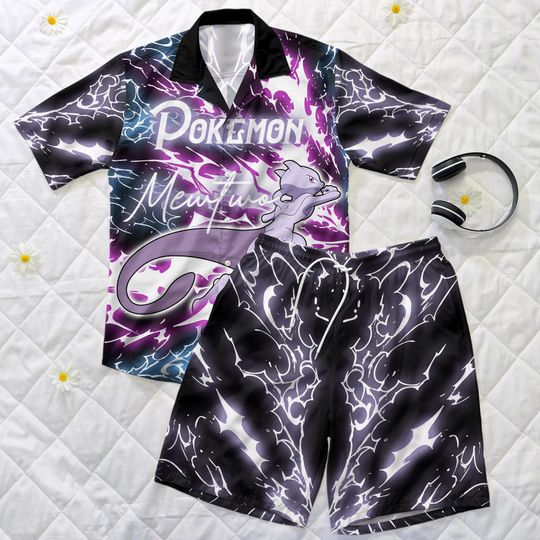 Mewtwo Hawaiian Shirt, Lightning Summer Short Set, Bold Style Summer Outfit