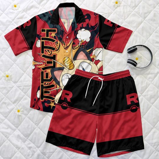 Custom Meowth Hawaiian Shirt, Tropical Summer Shorts, Personalized Name Outfit