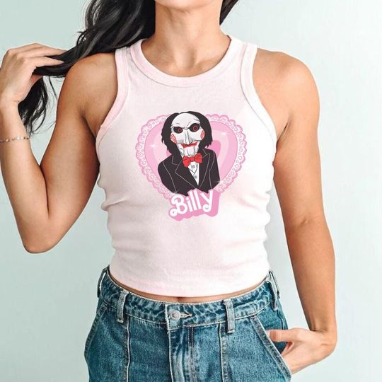 Discover Coquette Horror Character Crop Tank, Horror Movie Doll T-shirt, Pink Spooky Shirt, Retro Halloween Aesthetic Tee, Scary Movie Shirt