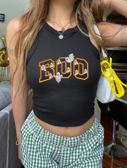 Spooky Halloween Racerback | Ghost And Bats Tank Top | Creepy Cute Season Tee | Fun Fall Design