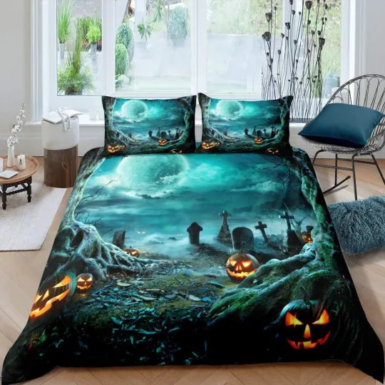 Discover Halloween Pumpkin Moon Tombstone Bedding Set with Duvet Cover, Quilt Cover