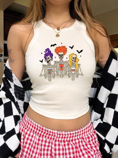 Skeleton Sisters Halloween Racerback Tank Top: Funny Witches Tee