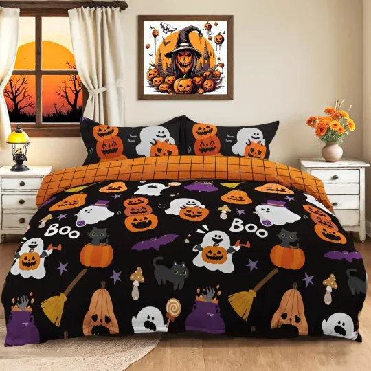Discover Halloween Ghost Pumpkin Queen Duvet Cover Set, 3 Pieces Bedding