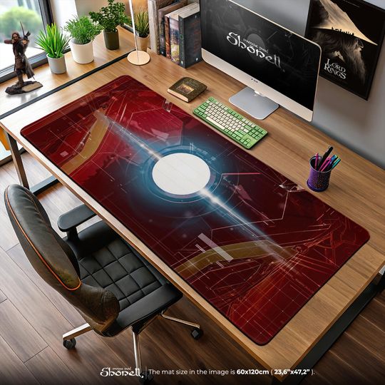 Iron Man Arc Reactor Stark Tech Gaming Desk Mat, Red & Gold Armor Design, Marvel Superhero Gift for Fans