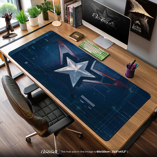 Captain America Shield Star  Futuristic Hero Desk Mat, Marvel Avengers Decor, Patriotic Gamer Gift