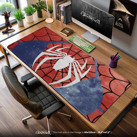 Discover Spider-Man Suit Mouse Pad  Red & Blue Web Pattern Desk Mat with White Spider Logo, Marvel Gaming Gift