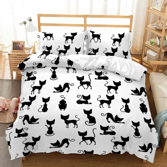 Discover Black Kitten Duvet Cover Set for Double Queen Bedding