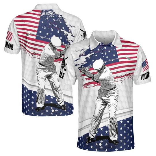 Funny American Golfer, Retro American Flag USA Team Golfing Men's Polo Shirt, Golfer Gift