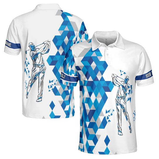 Custom Name Blue Diamond Pattern Golfer Men's Polo Shirt, Golfer Gift
