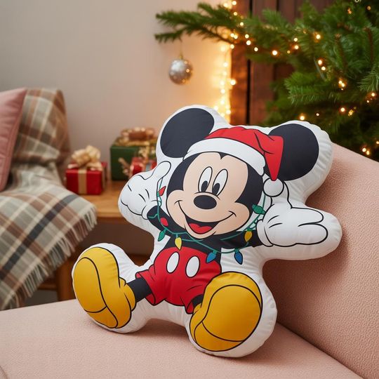 Mickey Christmaslight Shaped Pillow, Disney Shaped Holiday Plush, Cute Santa Gift for Kids, 3D Ugly Disney Christmas Decor,Disney Mickey Toy