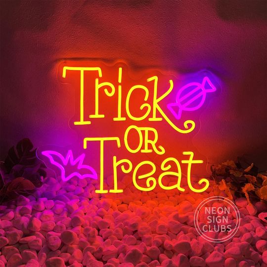 Trick Or Treat Neon Sign| Halloween Candy Bat Led Light| Custom Happy Halloween Party Wall Neon| Halloween Quote Home Decor| Halloween Gift