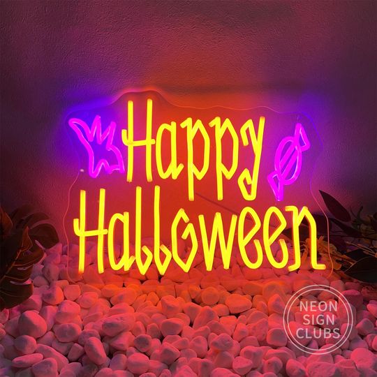 Happy Halloween Neon Sign| Halloween Candy Bat Led Light| Custom Holiday Neon| Halloween Party Home Wall Decor| Halloween Gift For Family
