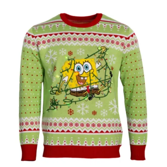 Adult Spongebob Tangled LED Lights Ugly Christmas Sweater Holiday Pullover