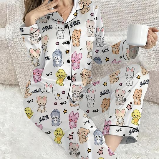 Kawaii Stray Kids SKZoo Satin Pajama Set, Stray Kids ATE World Tour 2025 Sleepwear, SKZ Merch, Kpop Sleepwear